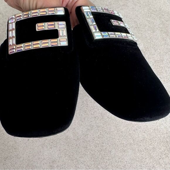 Gucci Madelyn Velvet Crystal Square G Mules Black Block Mid Heel EU 37.5 US 7.5 - Picture 10 of 11
